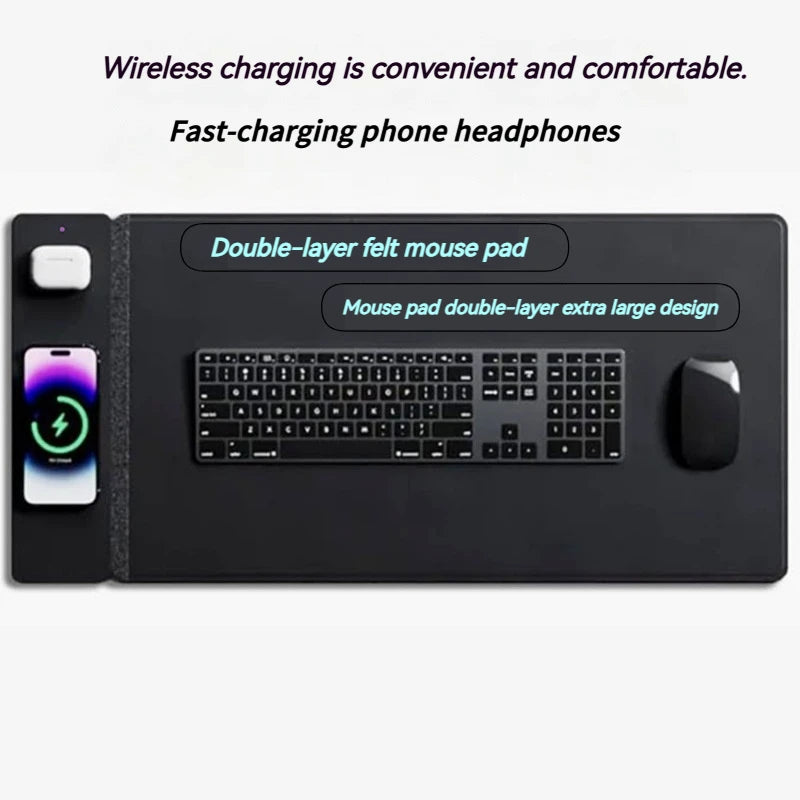 Dual-sided wireless charging mouse pad showing smooth leather and soft felt surfaces on a modern desk.
