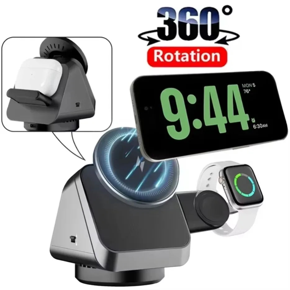 360° magnetic 3-in-1 wireless charging station simultaneously charging iPhone, Apple Watch and AirPods.