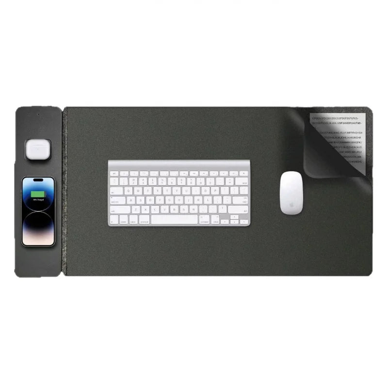 2-in-1 Wireless Charging Mouse Pad & Phone Charger - Dual-Sided Leather & Felt Desk Mat with Fast Qi Charging