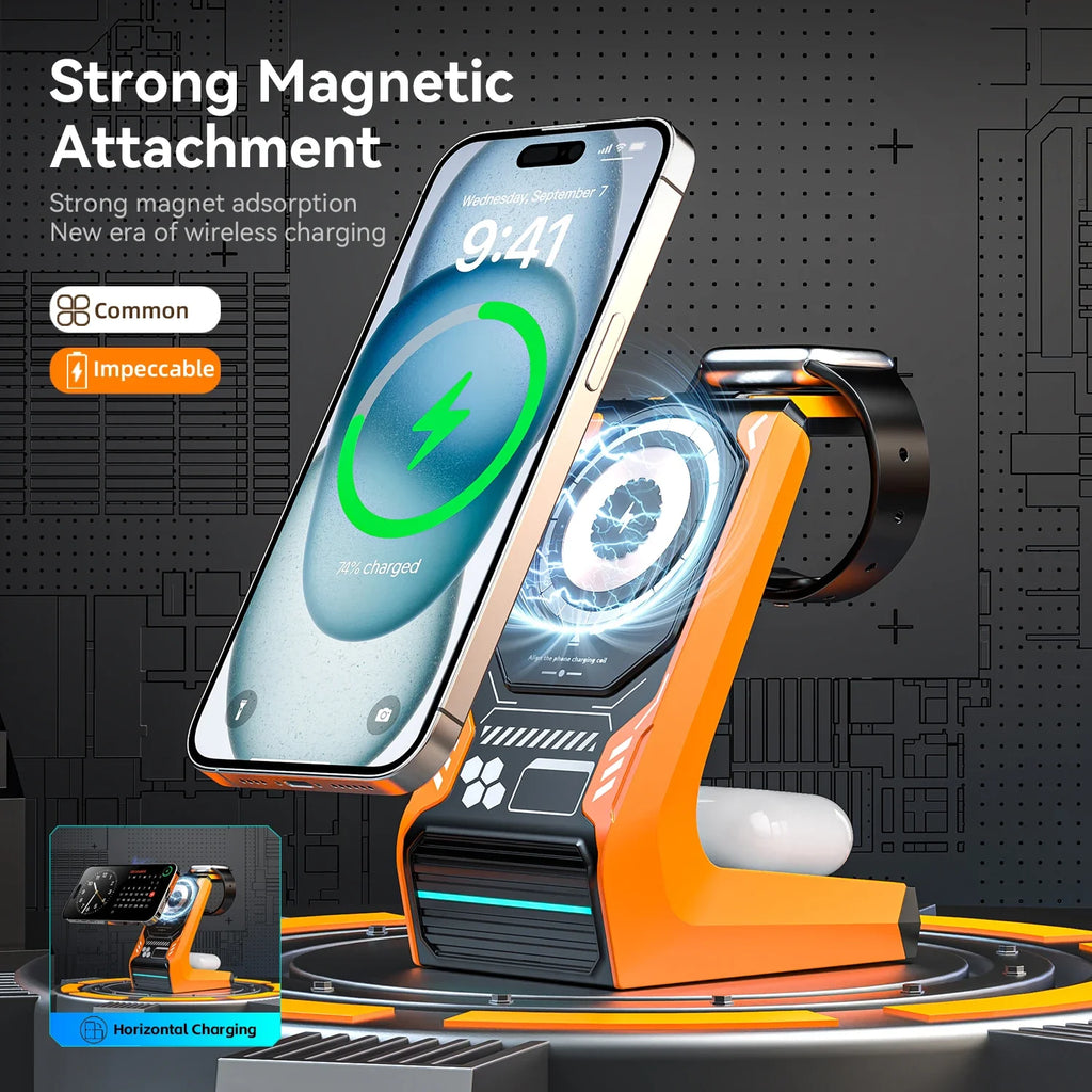 3-in-1 Magnetic Wireless Charging Station - 15W Fast Charger for iPhone, Apple Watch & AirPods