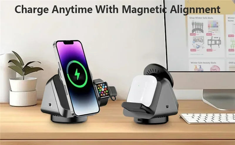 360° Magnetic 3-in-1 Wireless Charging Station - Fast Charging Stand for MagSafe iPhone 16/15/14, Apple Watch & AirPods
