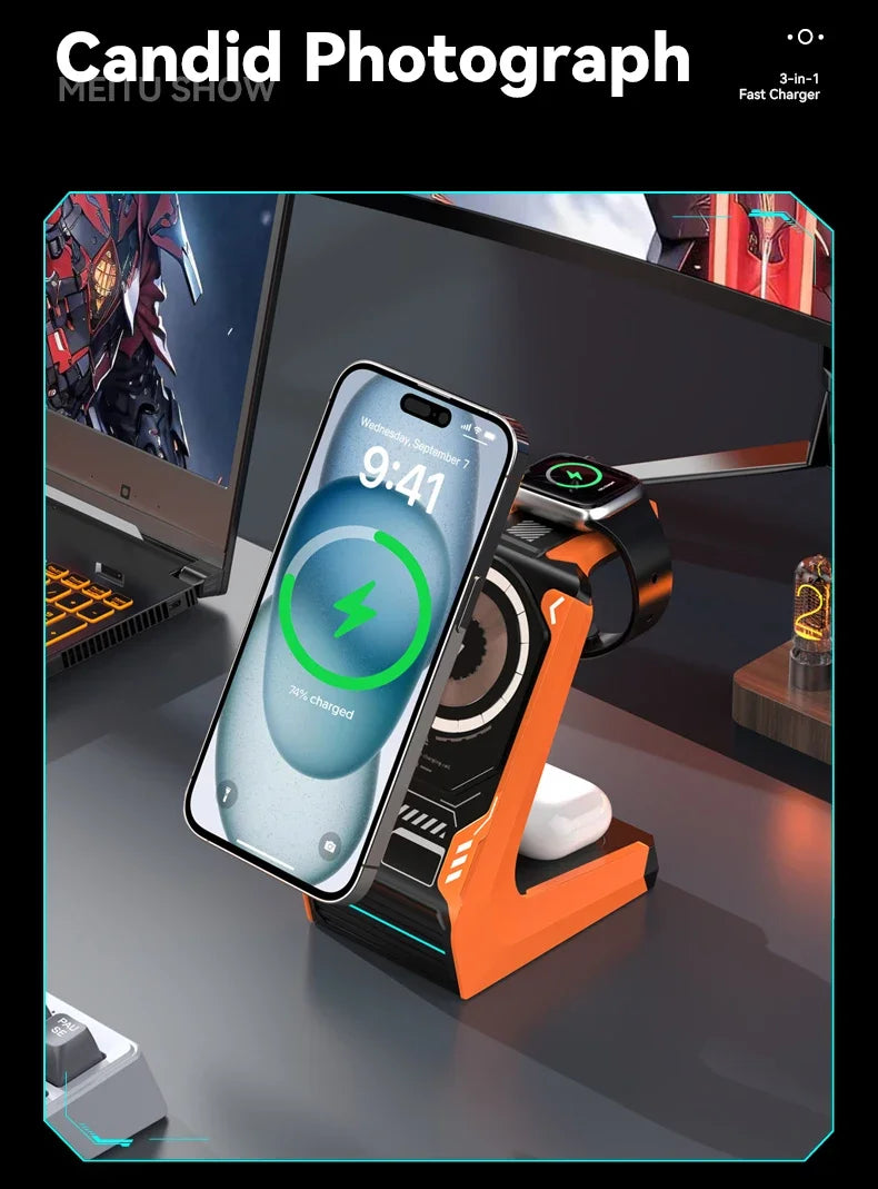 3-in-1 Magnetic Wireless Charging Station - 15W Fast Charger for iPhone, Apple Watch & AirPods