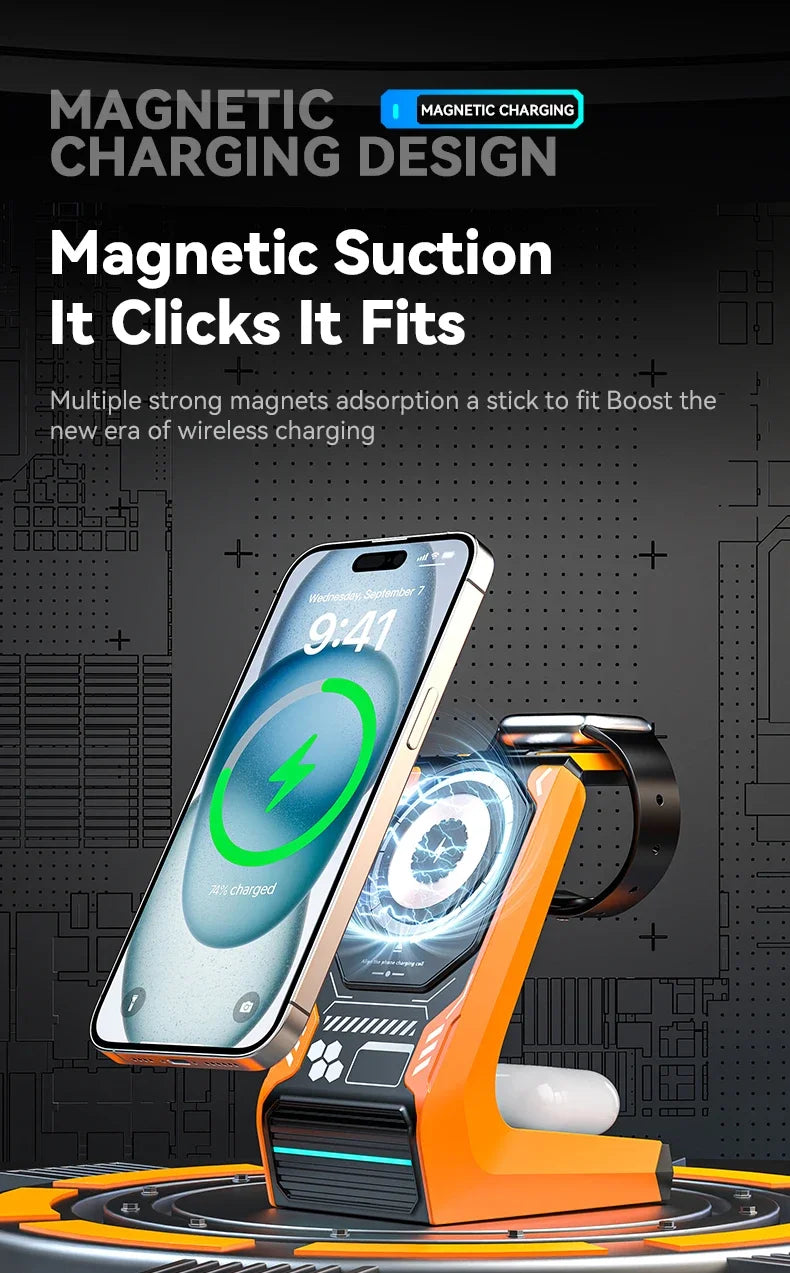 3-in-1 Magnetic Wireless Charging Station - 15W Fast Charger for iPhone, Apple Watch & AirPods