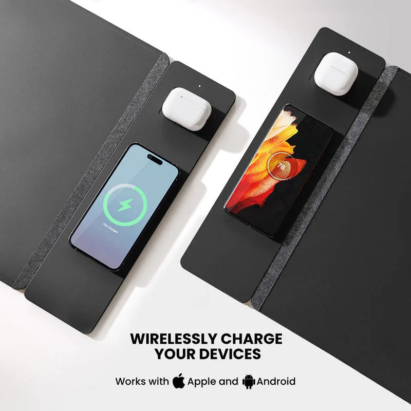 2-in-1 Wireless Charging Mouse Pad & Phone Charger - Dual-Sided Leather & Felt Desk Mat with Fast Qi Charging