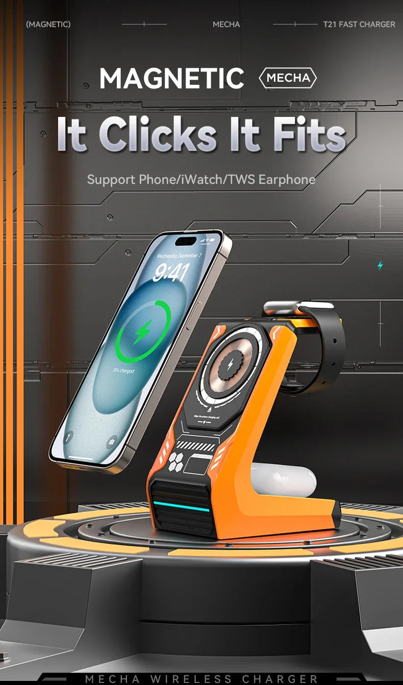 3-in-1 Magnetic Wireless Charging Station - 15W Fast Charger for iPhone, Apple Watch & AirPods