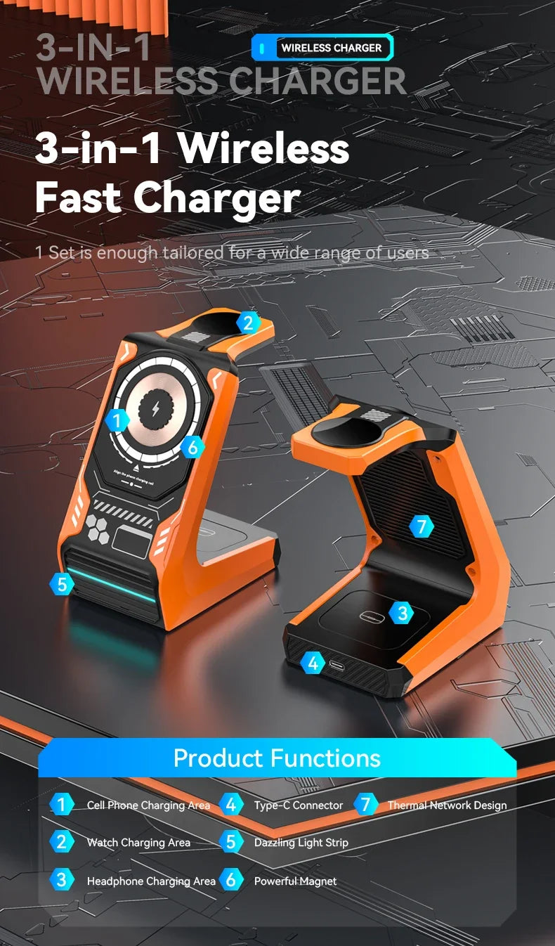 3-in-1 Magnetic Wireless Charging Station - 15W Fast Charger for iPhone, Apple Watch & AirPods