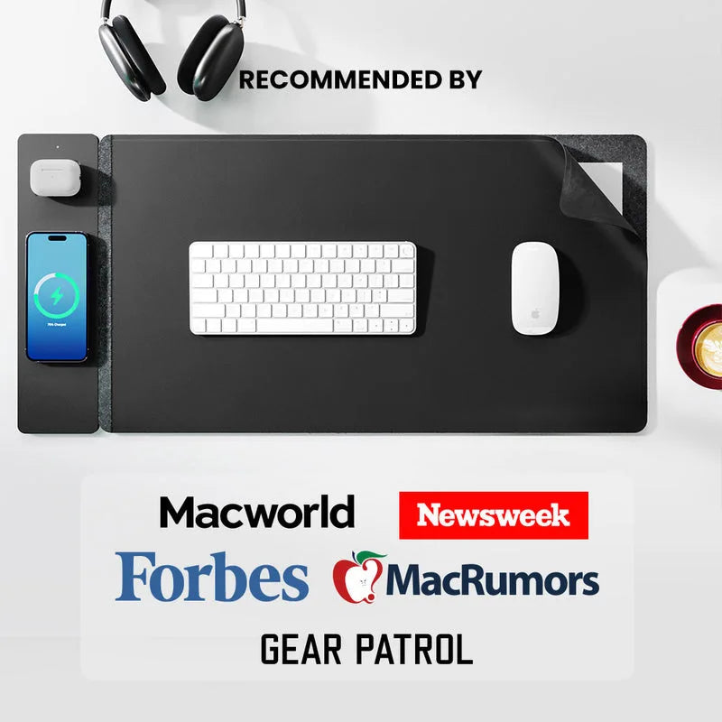 2-in-1 Wireless Charging Mouse Pad & Phone Charger - Dual-Sided Leather & Felt Desk Mat with Fast Qi Charging