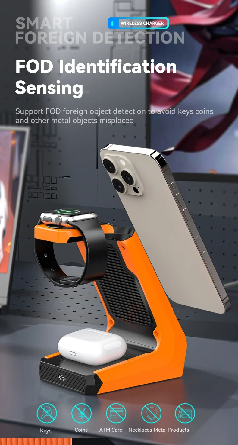 3-in-1 Magnetic Wireless Charging Station - 15W Fast Charger for iPhone, Apple Watch & AirPods