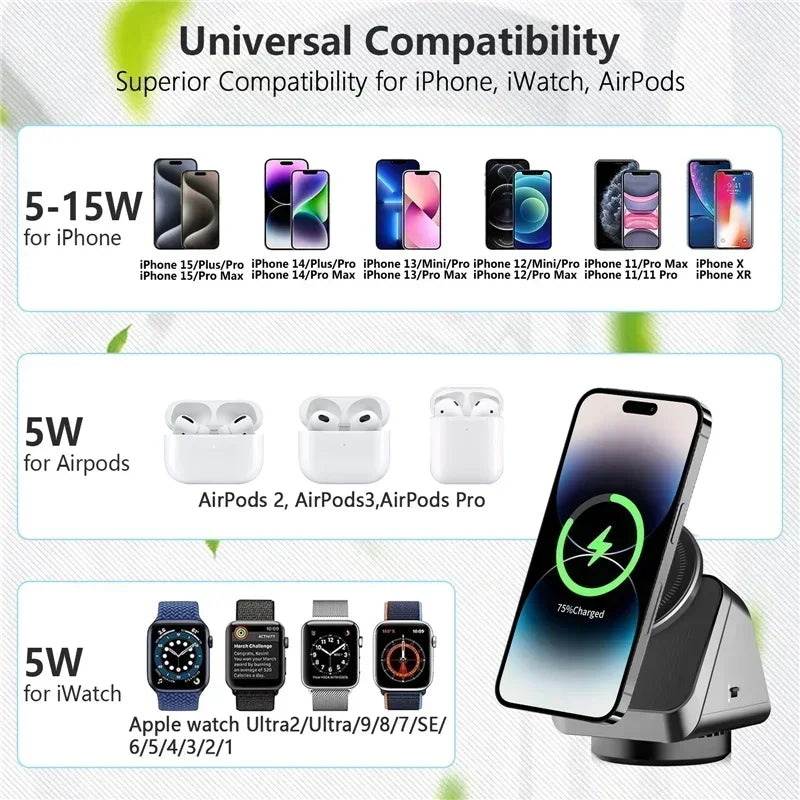 360° Magnetic 3-in-1 Wireless Charging Station - Fast Charging Stand for MagSafe iPhone 16/15/14, Apple Watch & AirPods
