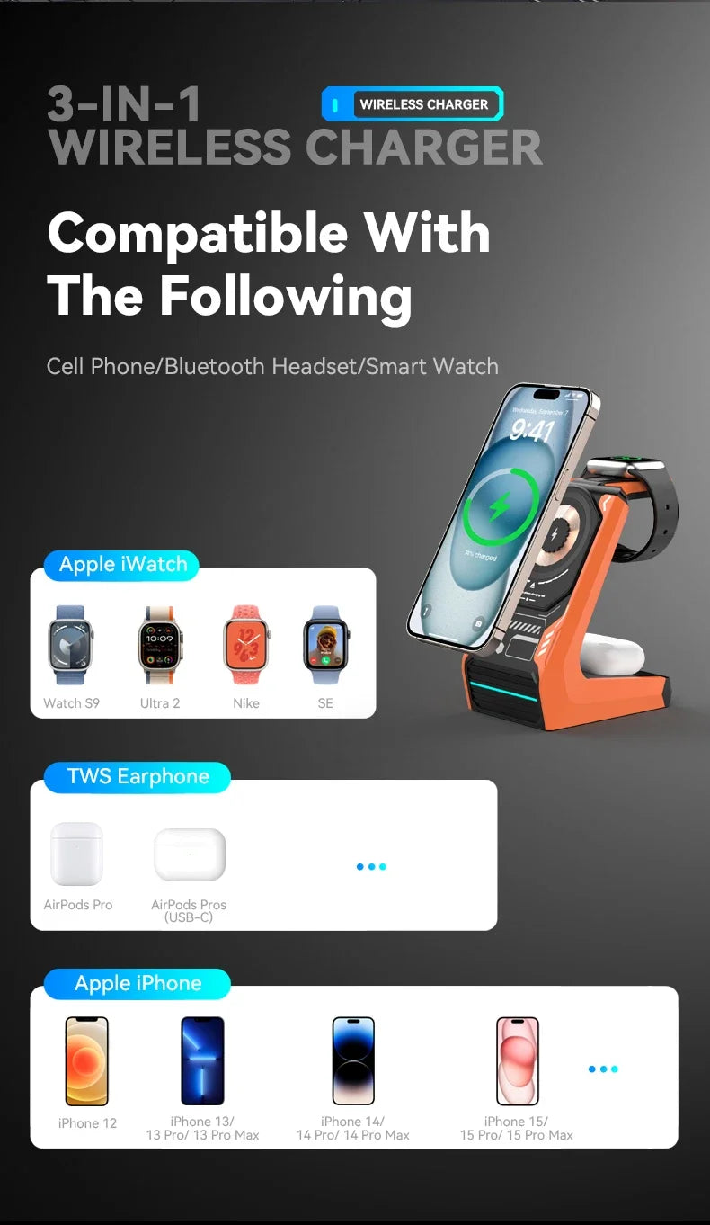 3-in-1 Magnetic Wireless Charging Station - 15W Fast Charger for iPhone, Apple Watch & AirPods