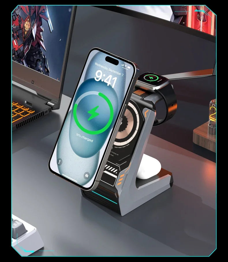 3-in-1 Magnetic Wireless Charging Station - 15W Fast Charger for iPhone, Apple Watch & AirPods