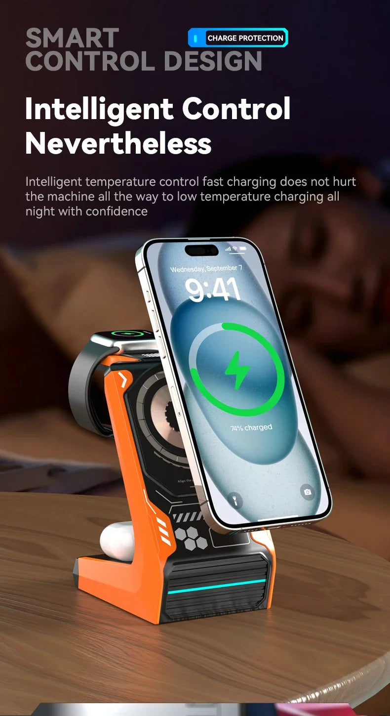 3-in-1 Magnetic Wireless Charging Station - 15W Fast Charger for iPhone, Apple Watch & AirPods