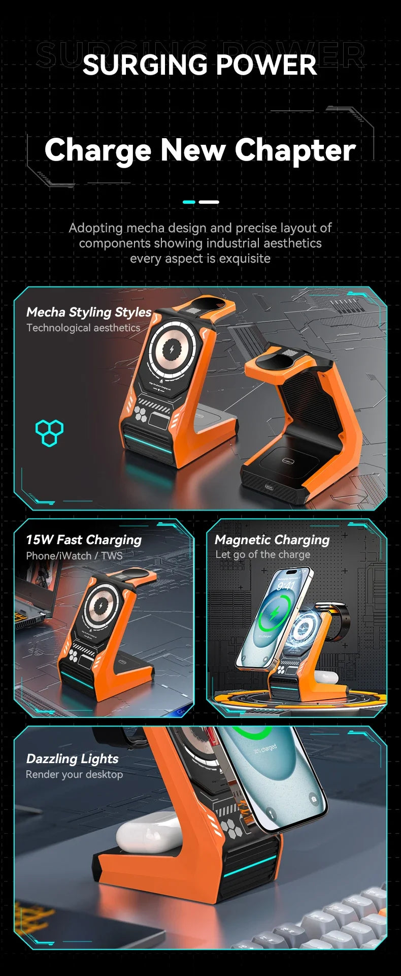 3-in-1 Magnetic Wireless Charging Station - 15W Fast Charger for iPhone, Apple Watch & AirPods