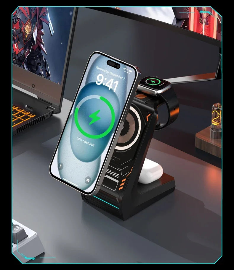 3-in-1 Magnetic Wireless Charging Station - 15W Fast Charger for iPhone, Apple Watch & AirPods
