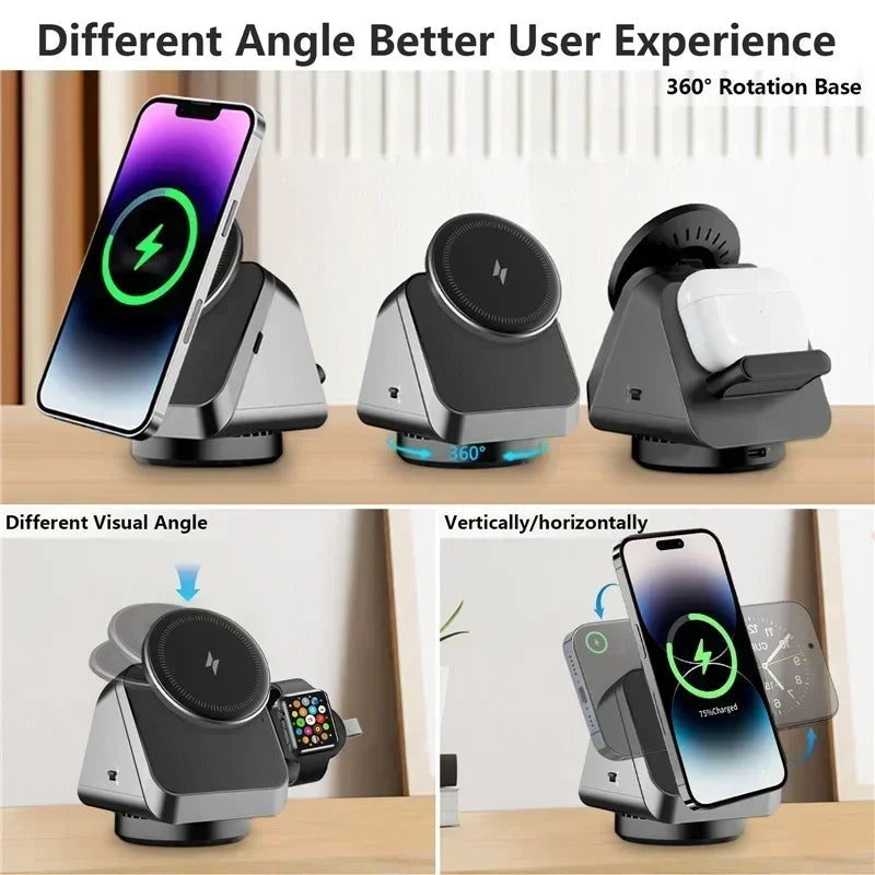 360° Magnetic 3-in-1 Wireless Charging Station - Fast Charging Stand for MagSafe iPhone 16/15/14, Apple Watch & AirPods