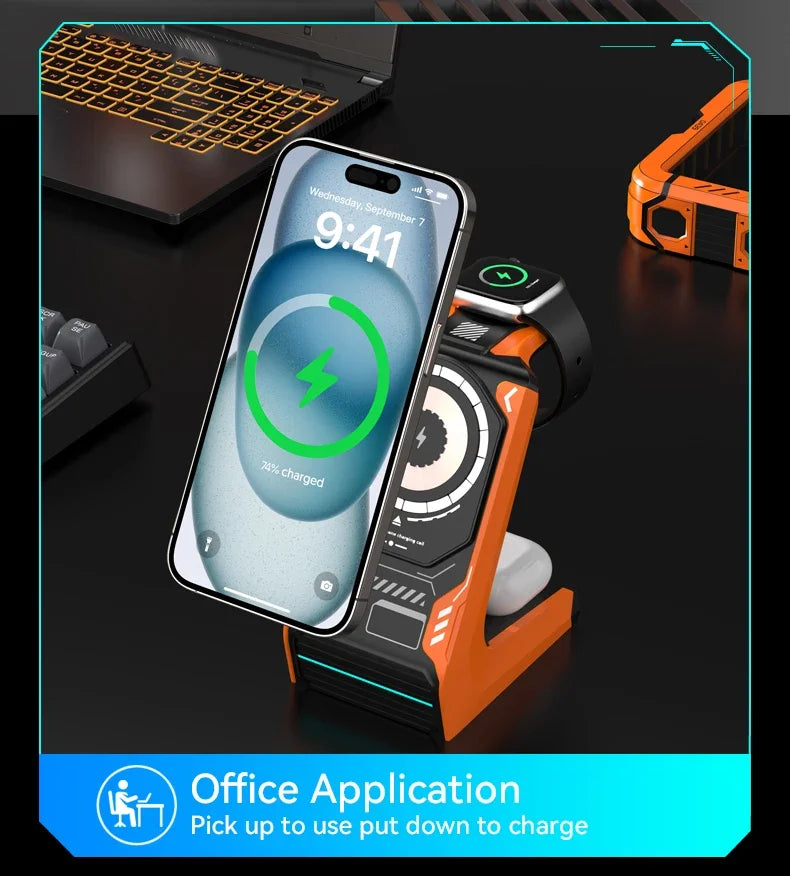 3-in-1 Magnetic Wireless Charging Station - 15W Fast Charger for iPhone, Apple Watch & AirPods