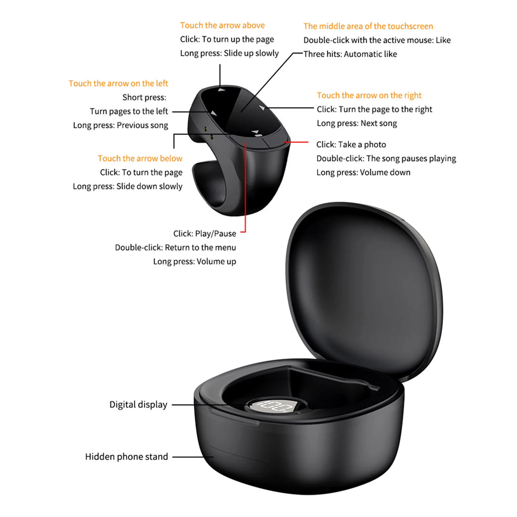 Bluetooth Scrolling Ring - 5.3 Wireless Fingertip Remote for TikTok, Camera Shutter, Selfie & Page Turning