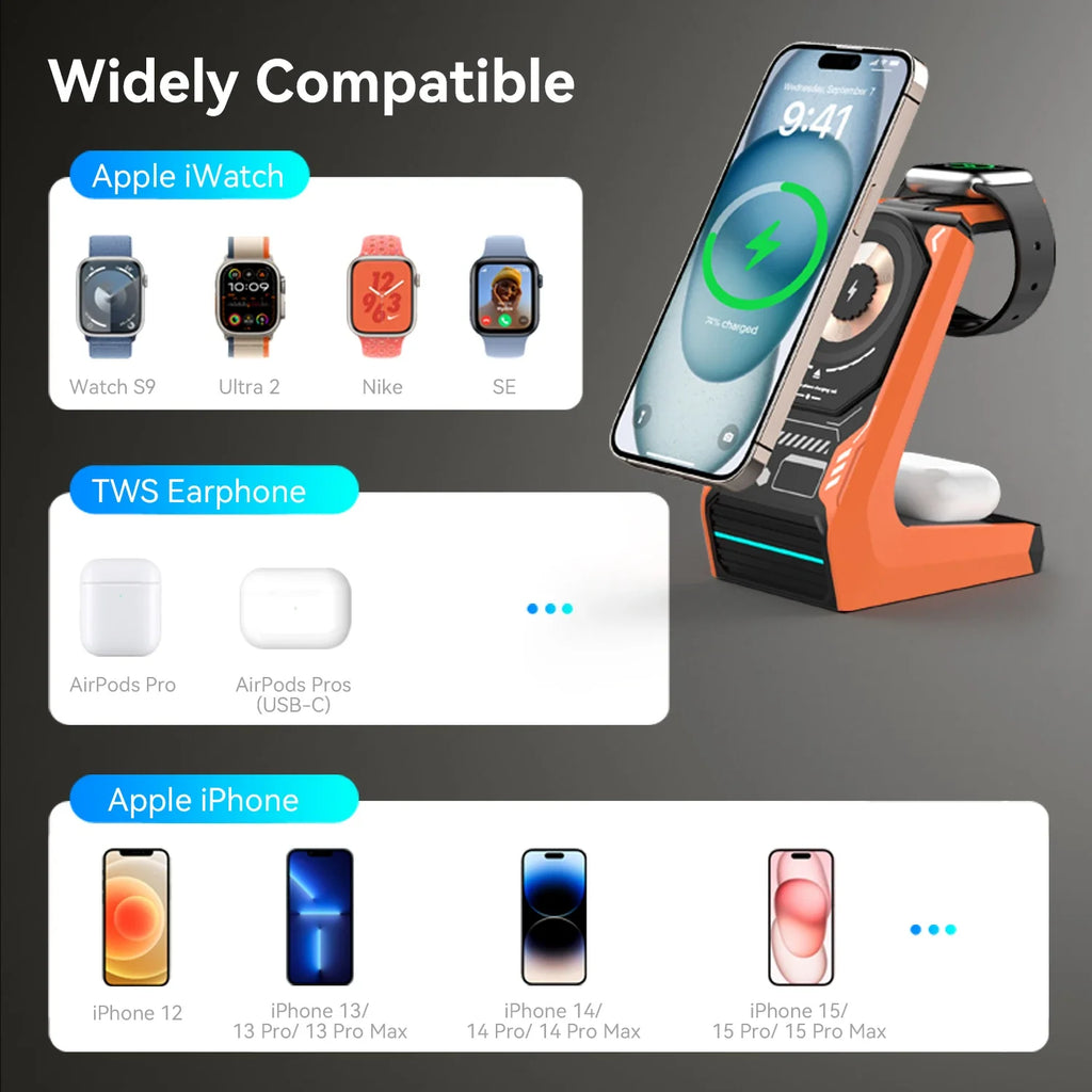 3-in-1 Magnetic Wireless Charging Station - 15W Fast Charger for iPhone, Apple Watch & AirPods
