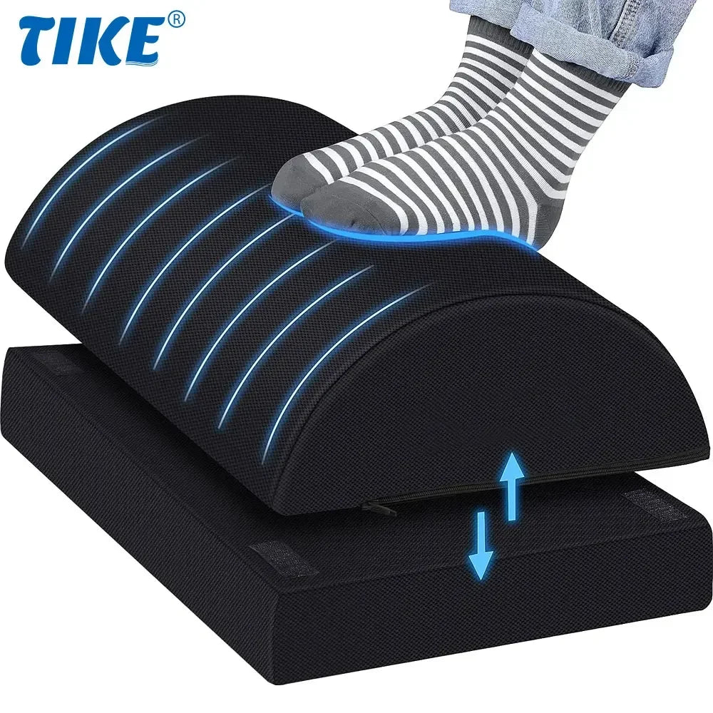 Ergonomic under desk foot rest shown in two adjustable height settings for custom comfort.