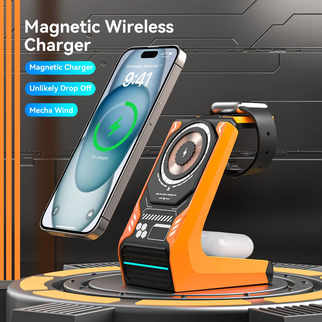 3-in-1 Magnetic Wireless Charging Station - 15W Fast Charger for iPhone, Apple Watch & AirPods