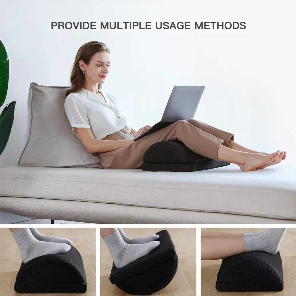 Detail of the comfortable memory foam and mesh construction of the adjustable office foot rest.