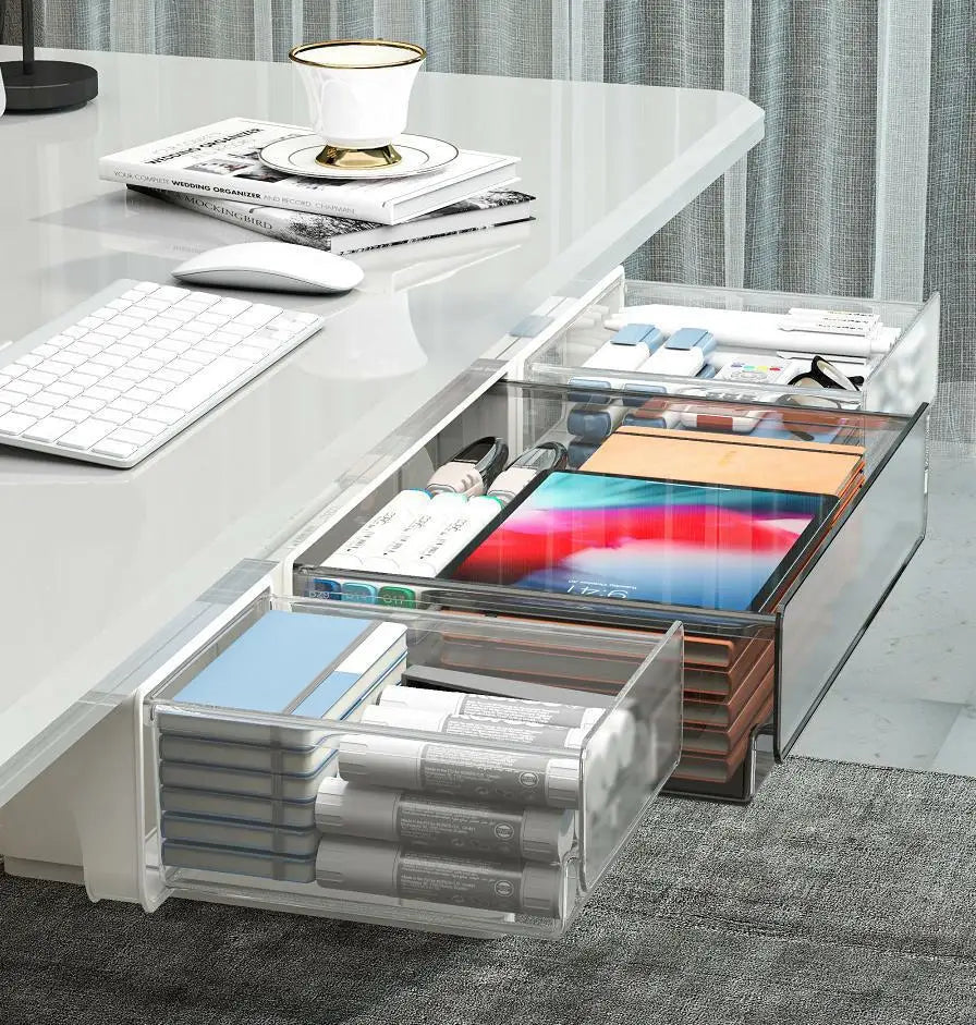 Exploded view of the modular office storage box showing adjustable compartments and trays.