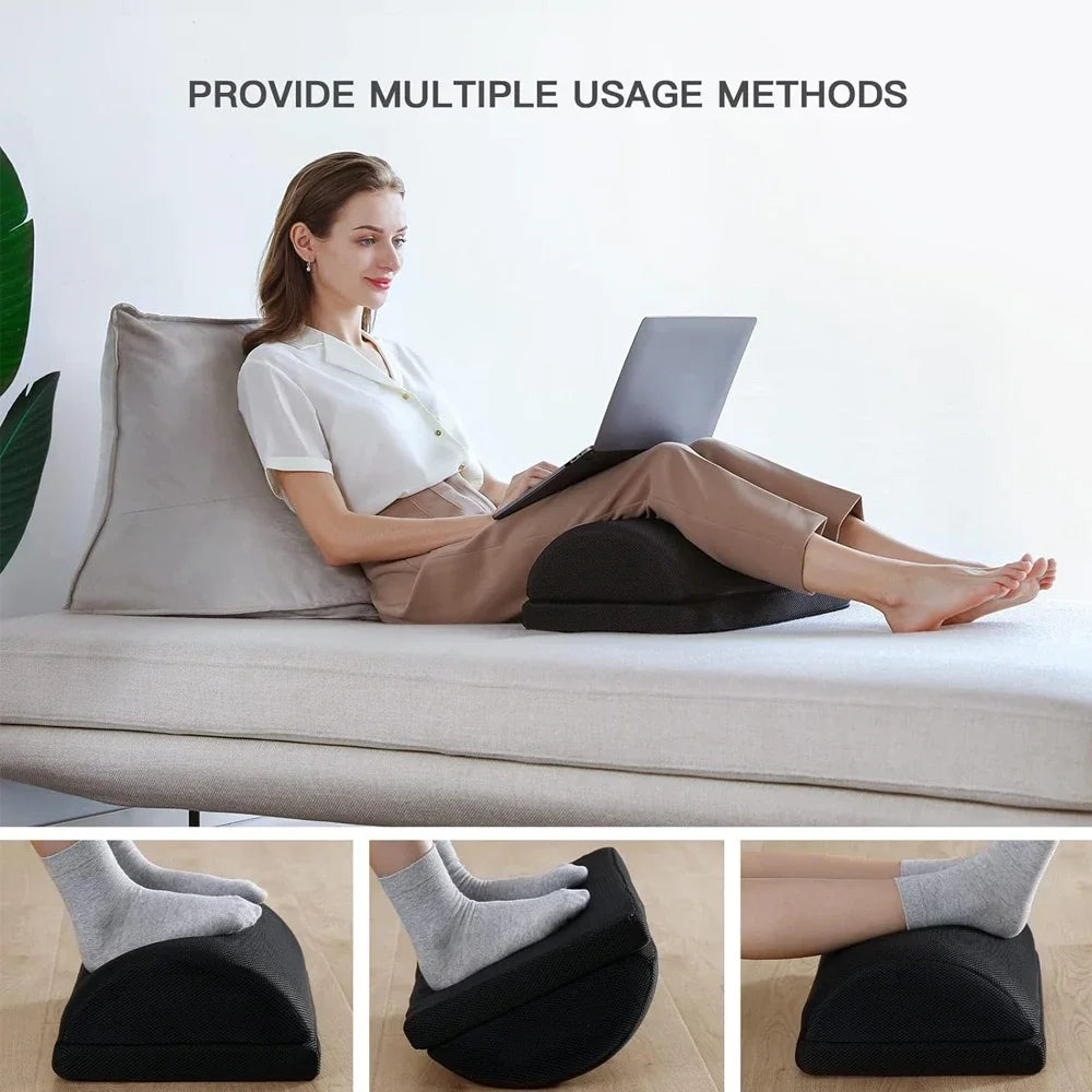 Versatile foot stool being used as a computer foot rest at the office, home, and in a car.