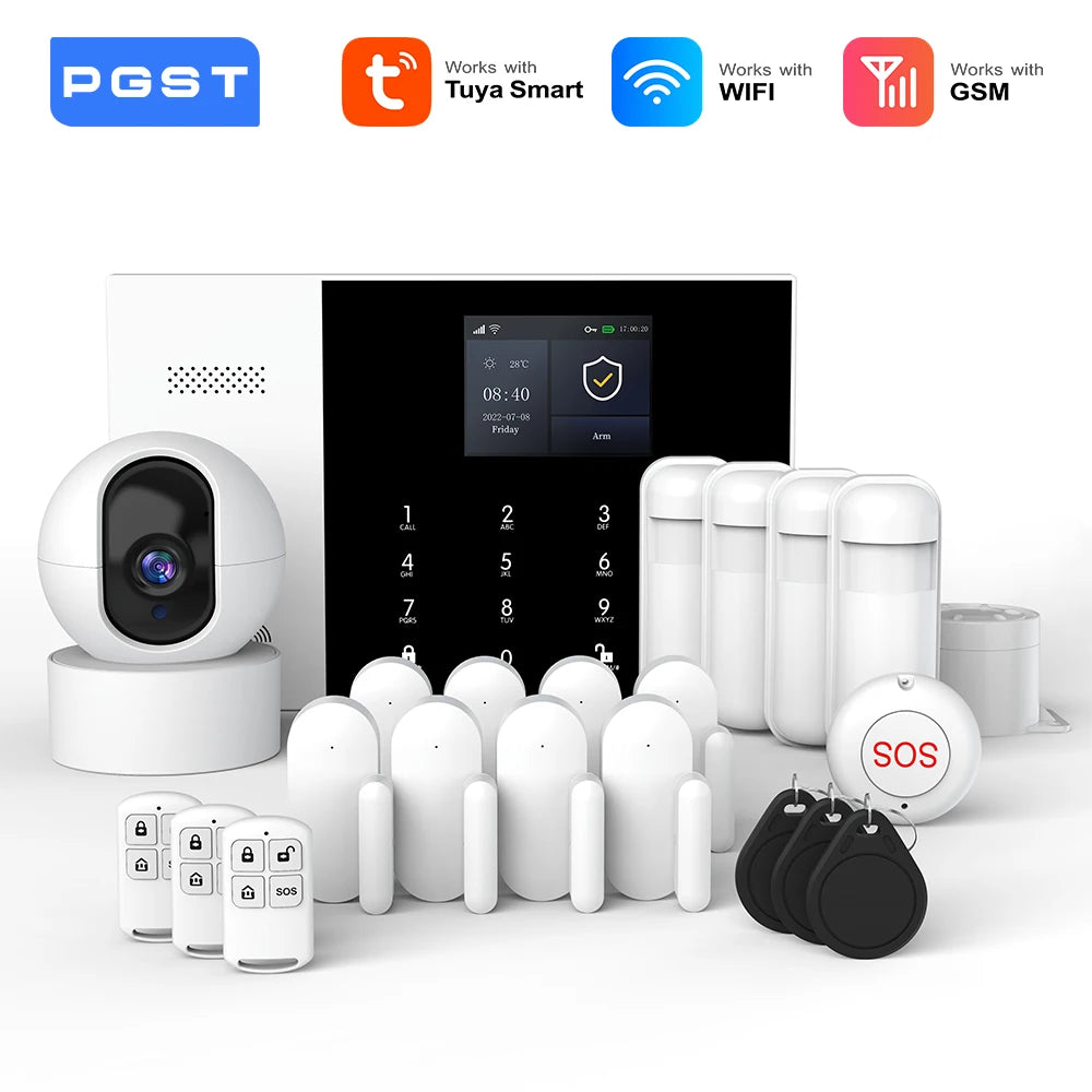 Complete Tuya smart home alarm system kit with hub, door sensors, and remote on a table.
